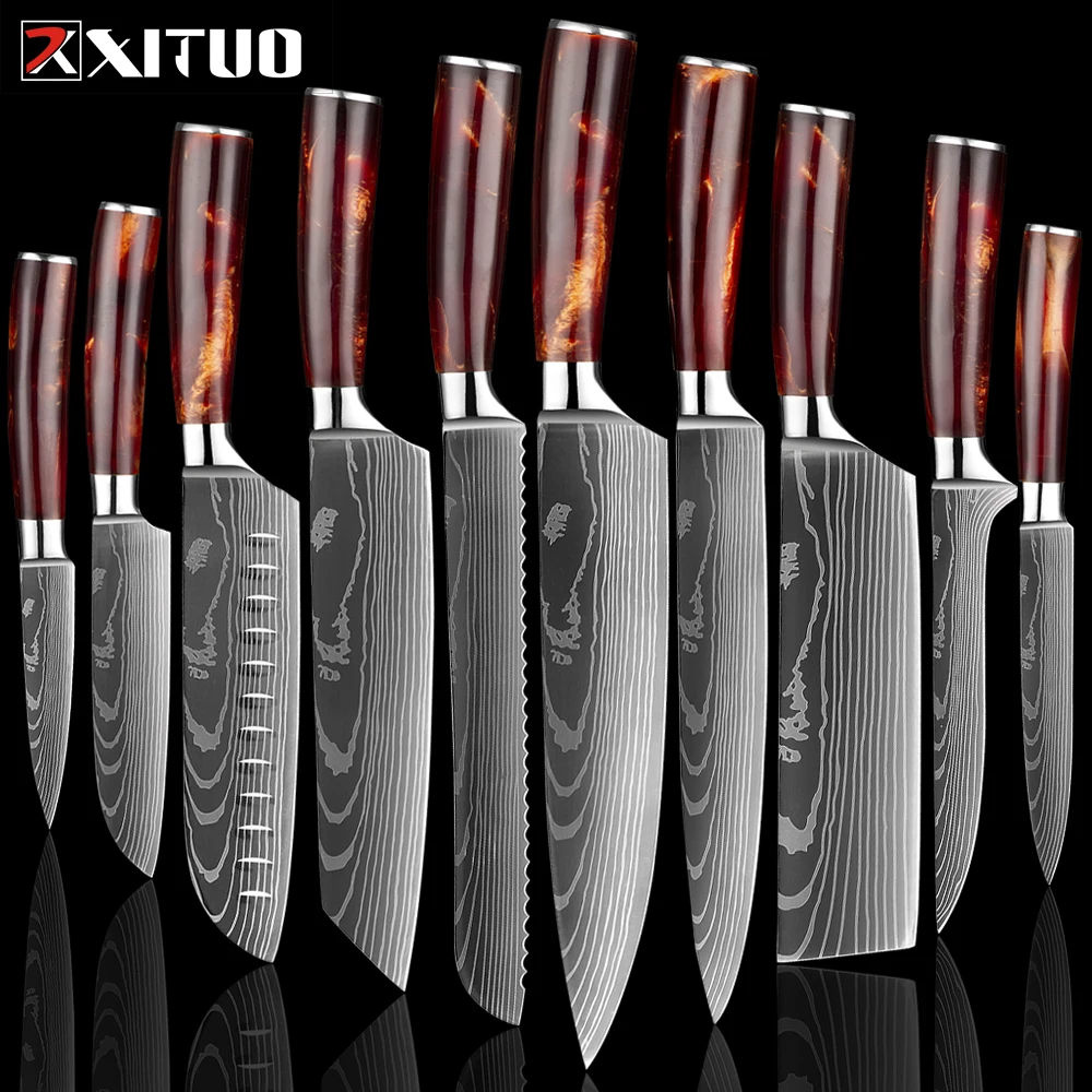 

XITUO 1-10Pcs Kitchen Knives Set Laser Damascus Chef Knife Sharp Santoku Bone Fruit Slicing Knife Utility Knife Resin Handle