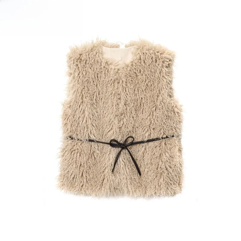 

ZBZR Faionable round Ne Svel Vest Coat Women's New Autumn Sle with Belt Fluffy Vest Outerwear Polyester Fiber