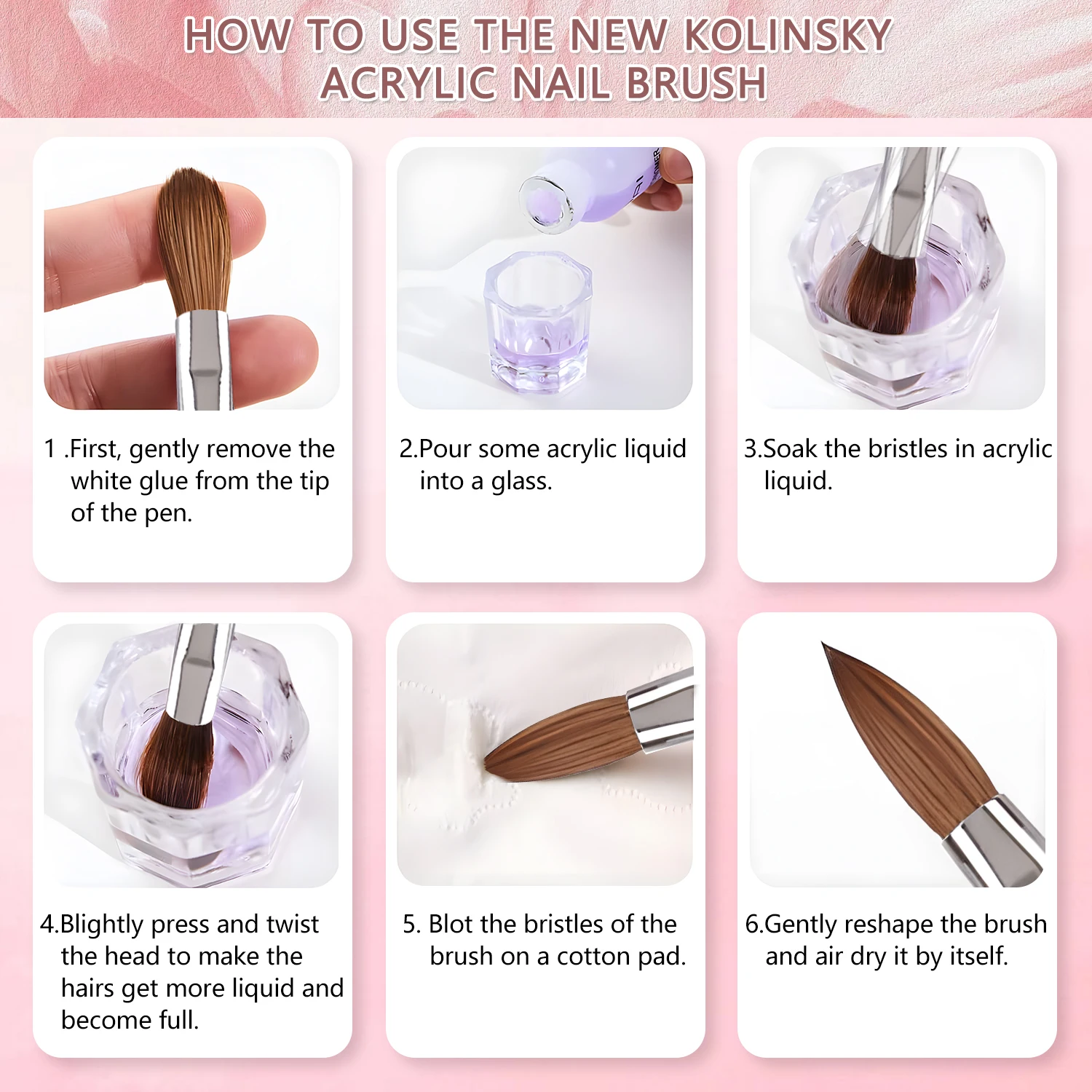 ピンクダイヤモンドハンドルのコリンスキーネイルブラシ # 16、アクリルシンフォニーデザインペン、プレミアムネイル用品