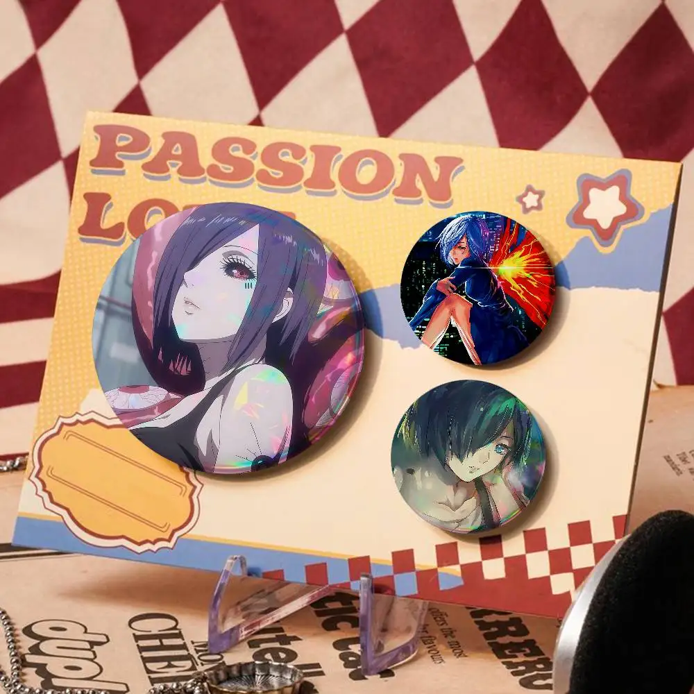 Cartoon T-Touka K-Kirishima For Badge Laser Holographic Custom Badge Image Metal Lapel Brooch For Clothing Backpack Decorative