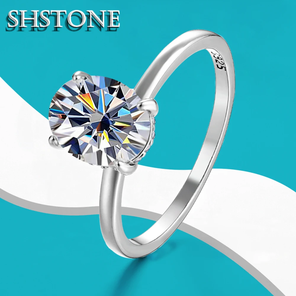 SHSTONE-Oval Cor D Anéis Moissanite para Mulheres, S925 Prata Esterlina, Ouro Branco Anel de Diamante, Noivado, Casamento, Jóias Finas, 3ct