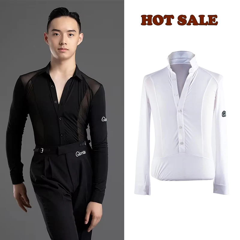 2026 New Long Sleeves Latin Dance T-shirt Boy's Practice Top Wear Men's Deep V Neckline Seethrough Design Charles Shirt XH17