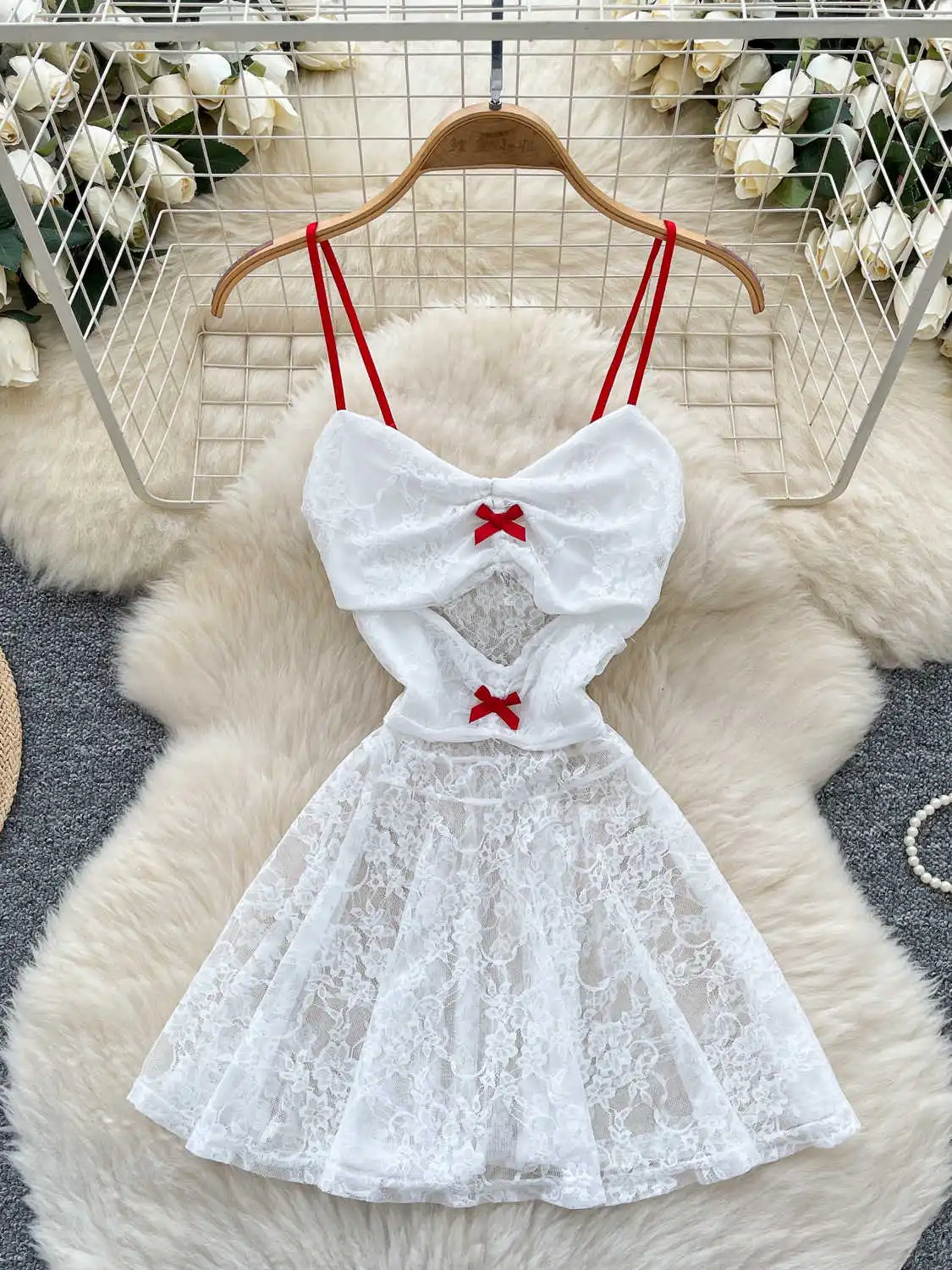 

Women White Lace Bow Mini Dress Vintage Off Shoulder Hollow Out Perspective Dresses Y2k One Piece Frocks 2000s Coquette Clothes