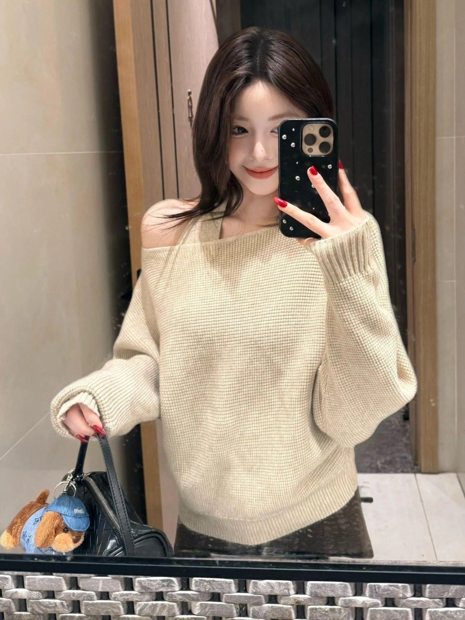 

Korean Sle oulder Bared Oversized Long Sve Knitted Sweater Women's Autumn Winter Outerwear Comfortable Slimming Two Pi...