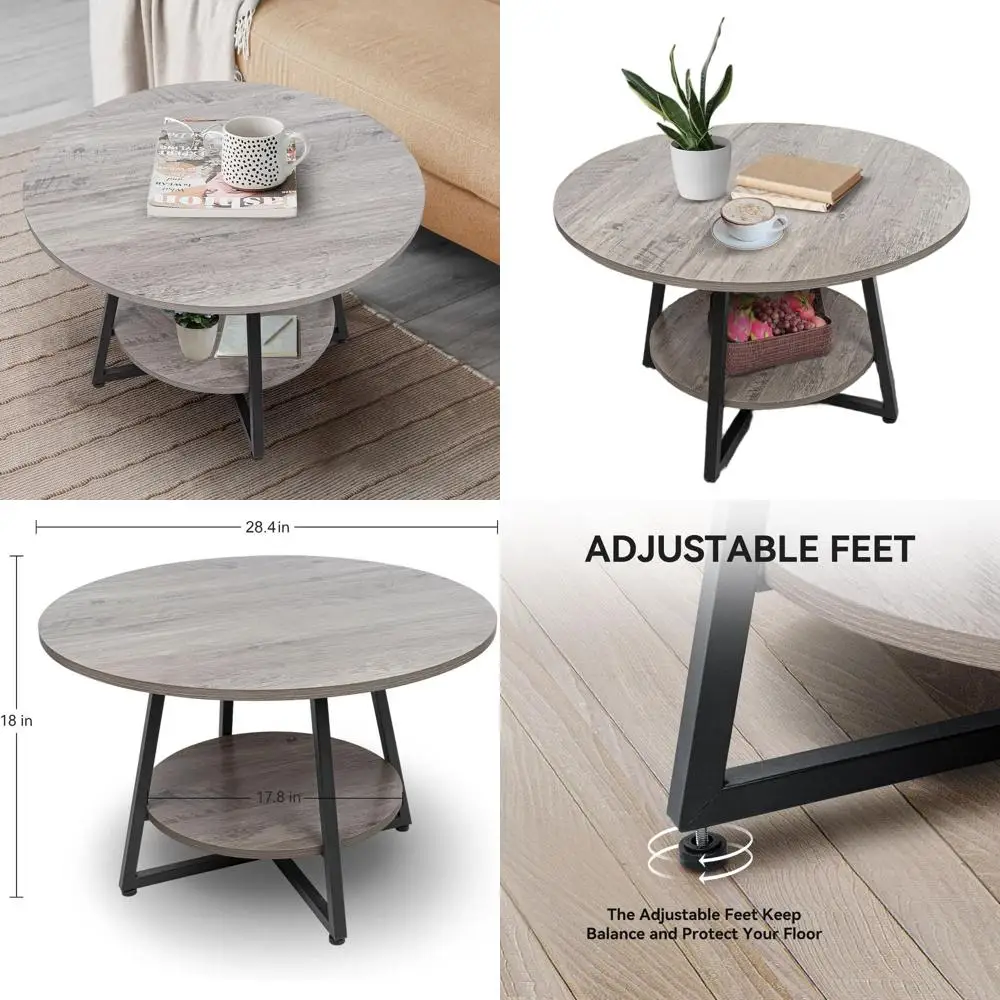 

Modern Wooden 2-Tier Round Coffee Table with Storage, Suitable for Living Room and Home Office, Easy Assembly, Light Grey