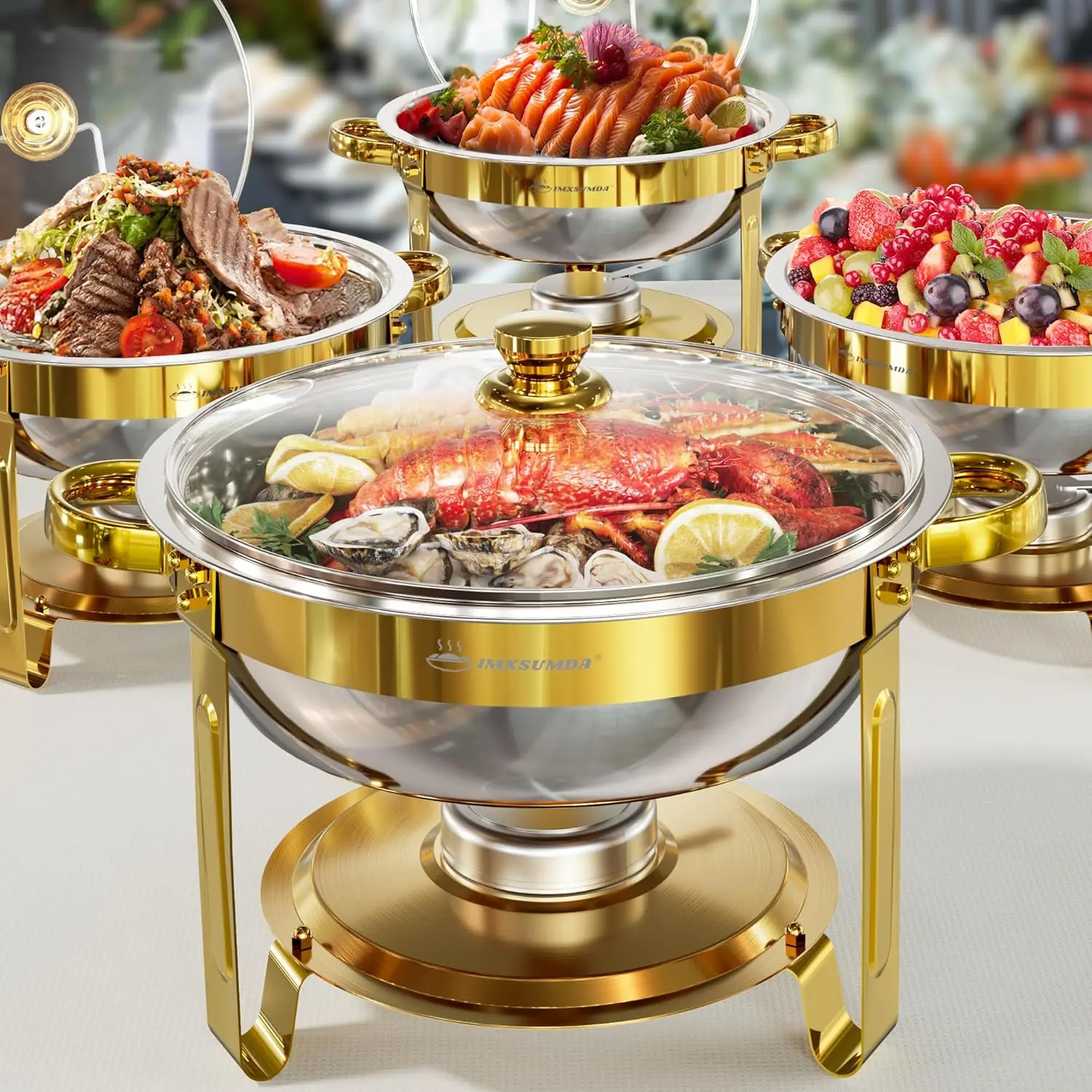 

4-Pack 5QT Gold Round Chafing Dishes with Glass Lid for Buffets, Parties, Weddings & Catering