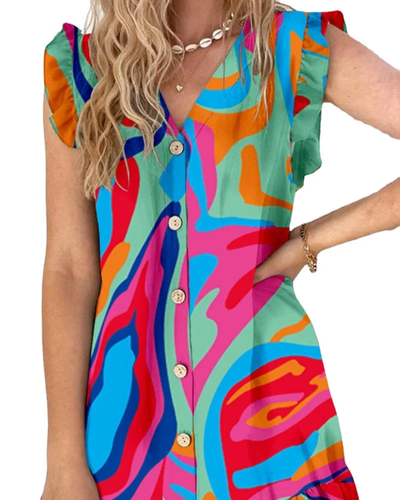 Casual Loose Ruffles Print Shirt Dress Women Summer V-neck Flying Sleeve Dresses For Women 2023 Boho Beach Holiday Vestidos