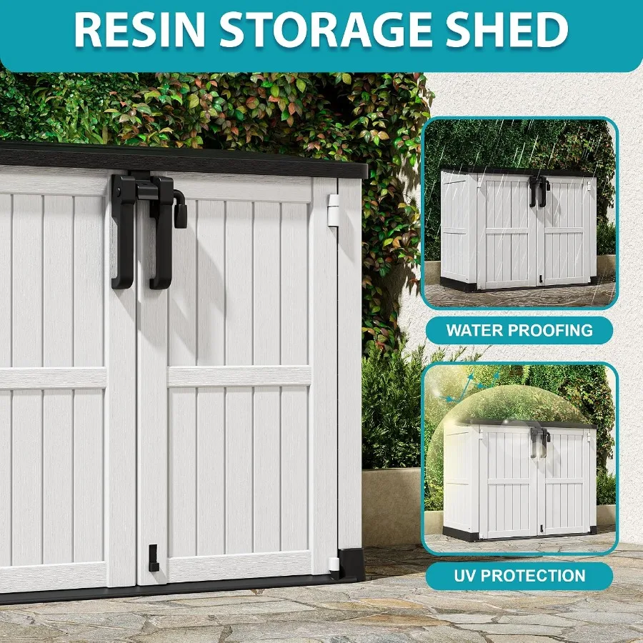 Outdoor storage shed for gardening tools, resin material, gray color, 36 cu ft capacity with lockable doors and portable design