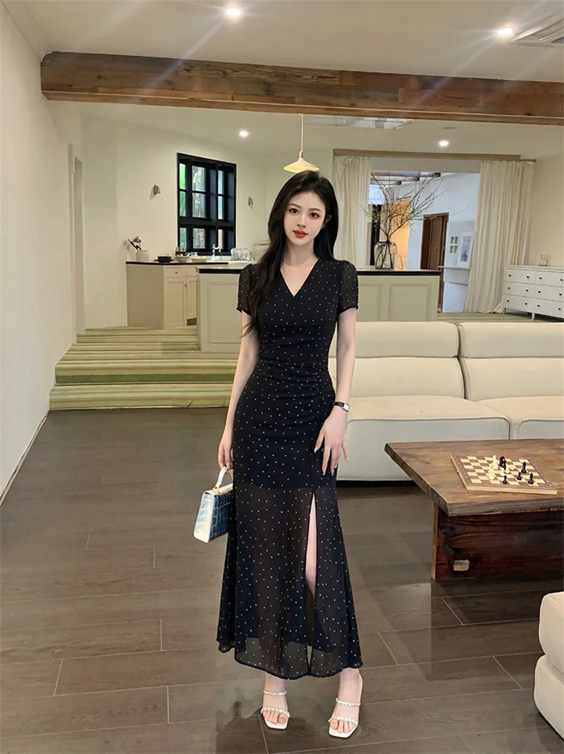 YZJNH Summer 2026 plus size dress women black long dress French polka dot drawstring V-neck short sleeved dress women