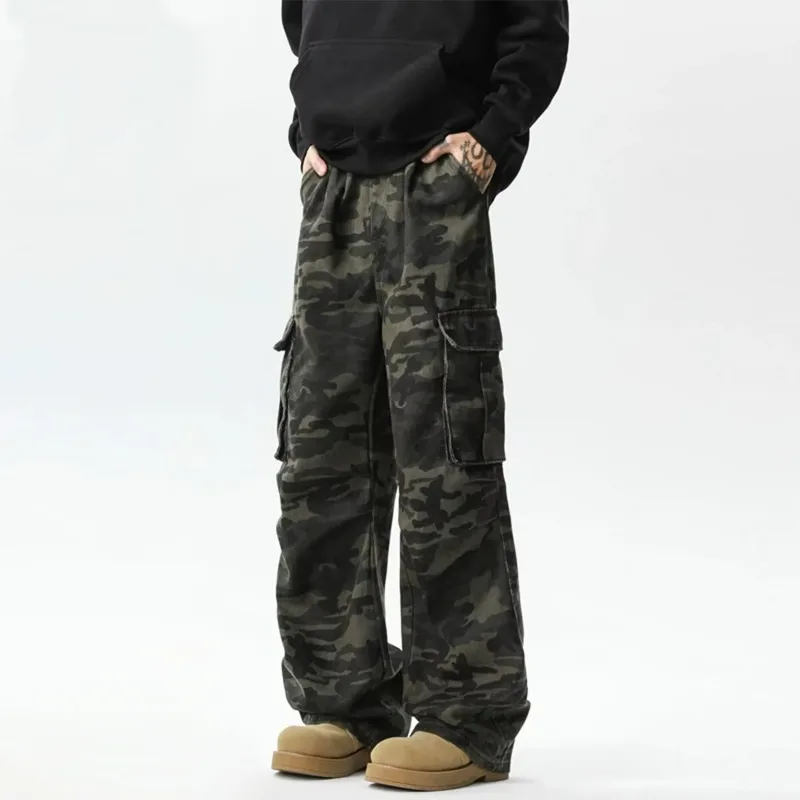 

KIDWHXR Men Denim Pant High Street Camouflage Printed Male Straight-leg Pant Loose Casual Washed Pocket Man Cargo Trousers