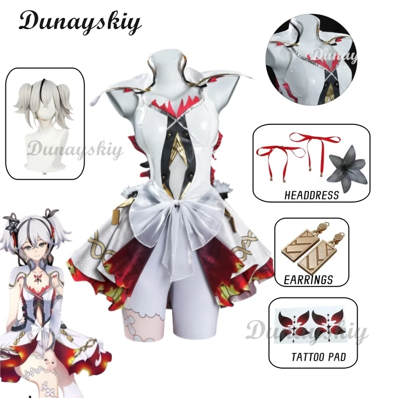 Wuthering Waves Camellya Cosplay Costume Wig Earrings Dress Black Shores Chun Outfit White Double Ponytail Hair Game Accessories