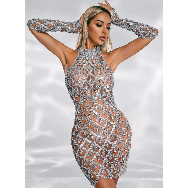 Modne rękawiczki Super błyszczące diamentowe srebrne cekiny Mini sukienka moda kobieta suknia wieczorowa strój na przyjęcie urodzinowe