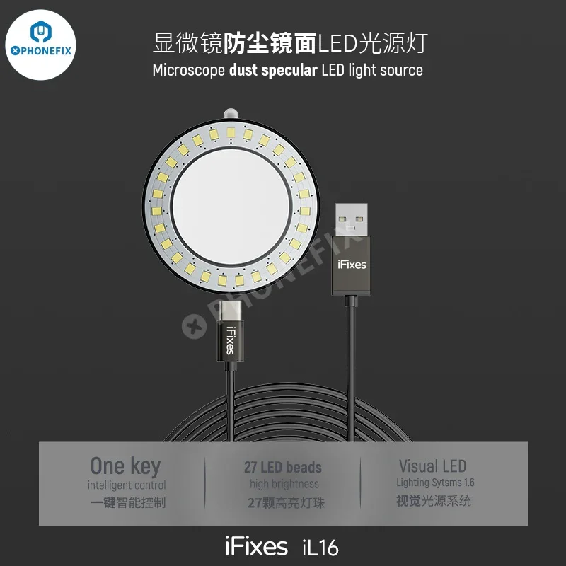 Imagem -03 - Usb Power Supply Led Microscópio Dust Proof Espelho Fonte de Luz 62 mm Diâmetro 27 Led Ajuste Lâmpada Brilho Ifixes-il16