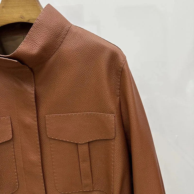 Genuine Leather Jacket Lychee-Patterned Sheepskin Soft Short Length Big Pockets Women Coat Spring Autumn