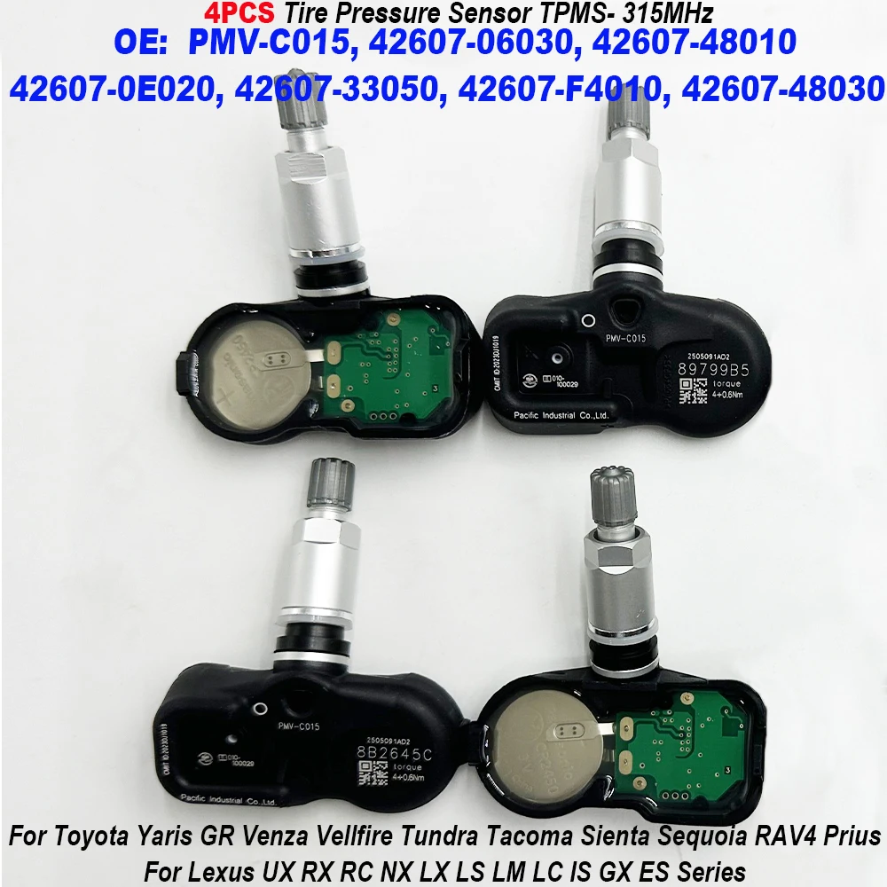 4 Uds PMV-C015 42607-06030 42607-48010 PMV-E00 Sensor de presión de neumáticos TPMS 315MHz para Toyota Avalon Camry RAV4 Sequoia Tacoma