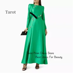 Tarot Saudi A Line Evening Dresses High Round Collar Satin Ankle Length Women Dinner Party Dress Crystal vestidos de festa