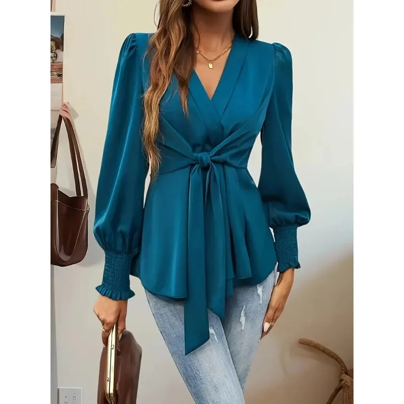 

Spring 2026 Temperament Elegant V-neck Lace-up Waist Solid Color Shirt Women