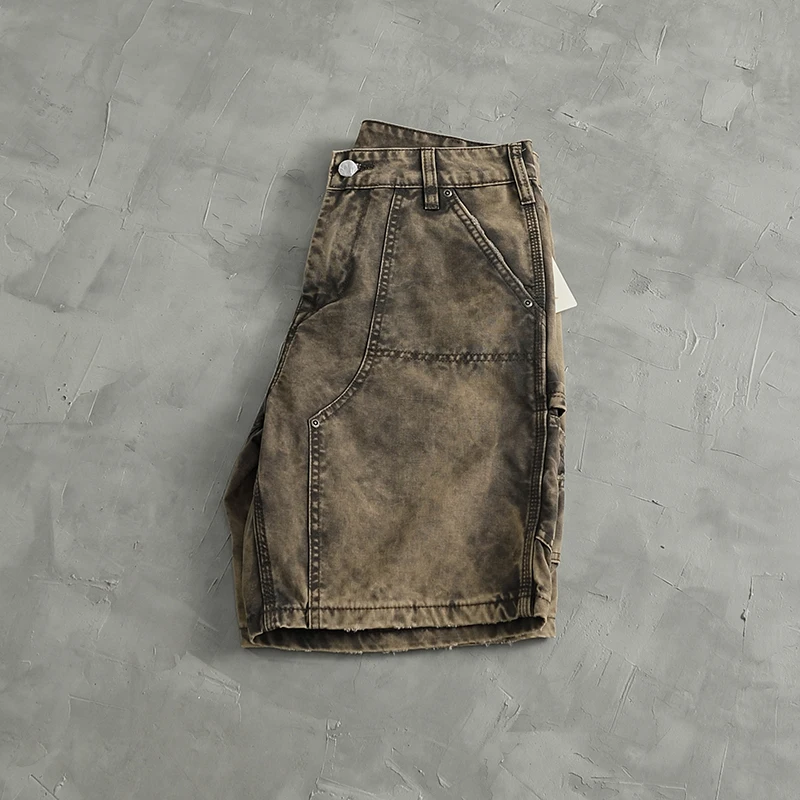 Heavy Washed 100% Cotton Shorts for Men Summer Vintage Distressed Washed Casual Loose Straight Half Pants Youth Male Workwear