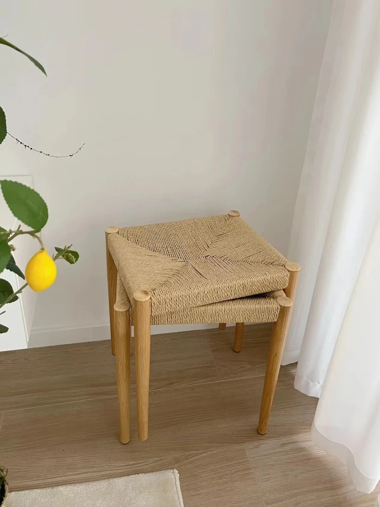 

Woven stool, imitation hemp rope, solid wood, rattan woven square stool, dressing stool, changing shoes, Chinese simple stool