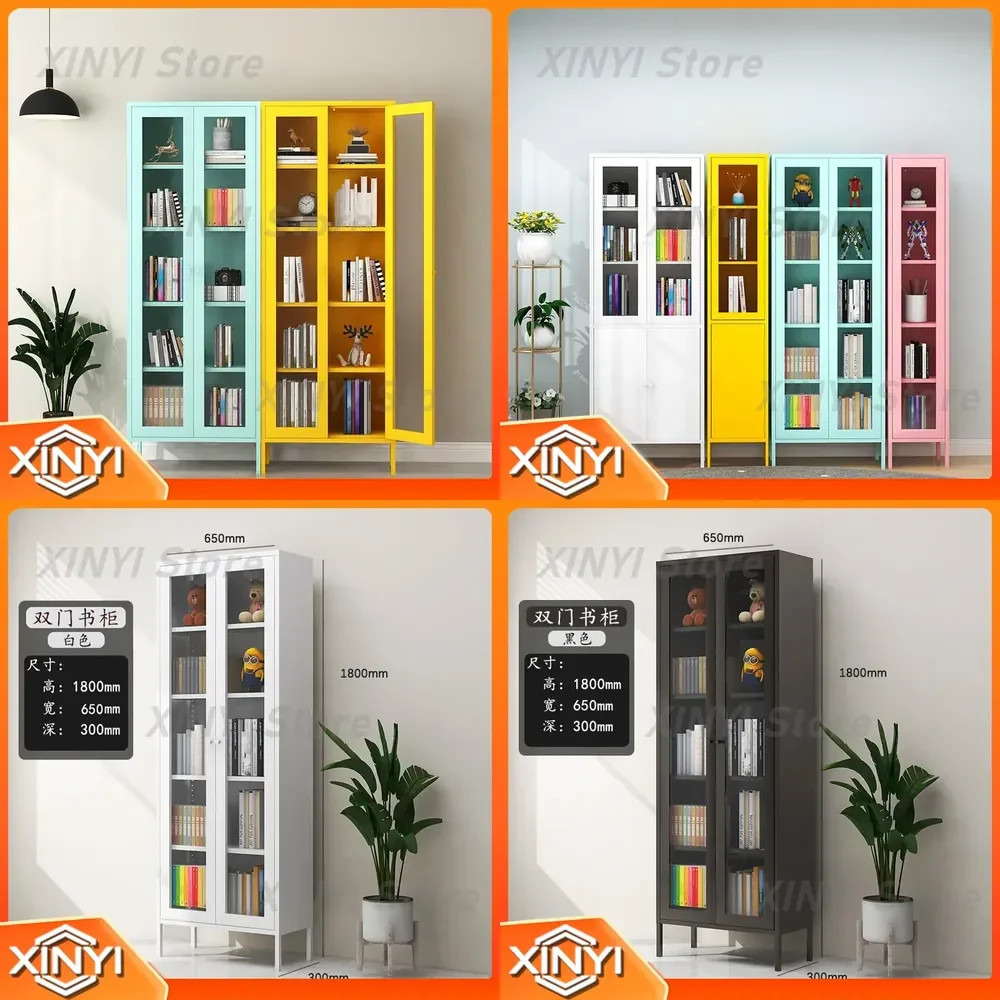 Wrought Iron Glass Door Bookcase for Living Room Narrow Side Display Rack High Balcony Storage Locker Childrens Household