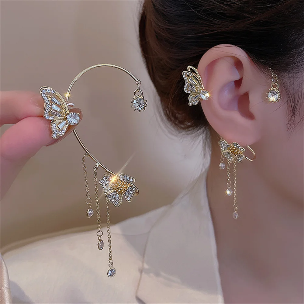 Fashion Butterfly Zircon Ear Cuff Gold Color Tassel Clip Earrings for Women Korean Copper Earring Without Piercing Jewelry Gifts