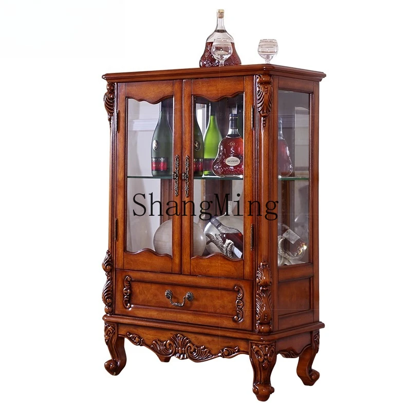 

CL wine cabinet solid wood glass cabinet retro carved living room double door small wine display side cabinet storage
