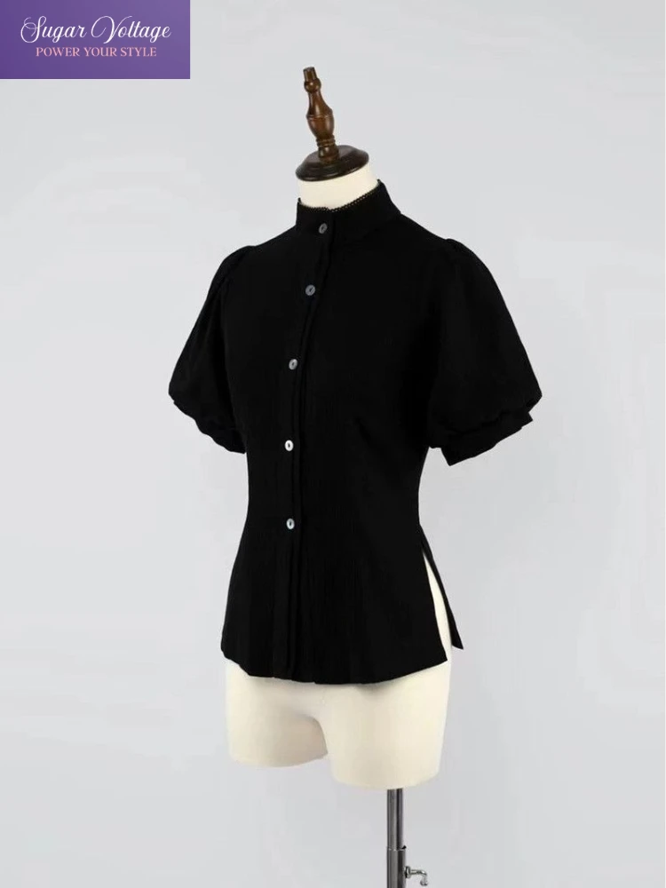 Lolita Cute Blouse Women Summer Cotton Short Sleeve Shirt Slim Fit Basic Top Versatile Black White Puff Sleeve Kawaii Inner Wear