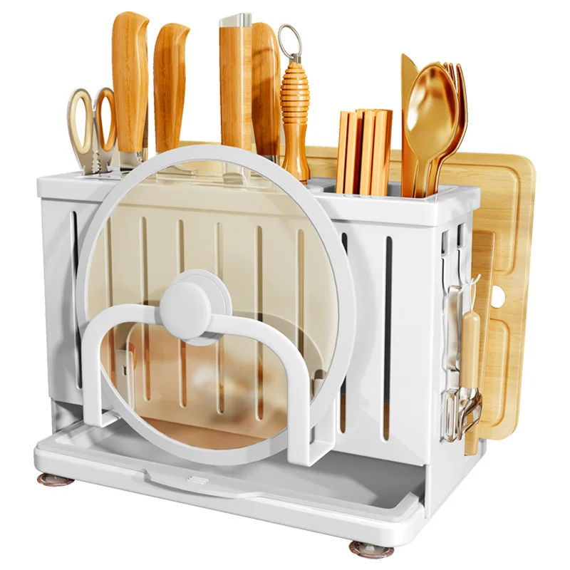 

Kitchen Multifunctional Knife Rack Shelf Countertop Wall Mounted Cutting Board Pot Lid Knife Chopsticks Rag All-in-one Organiser