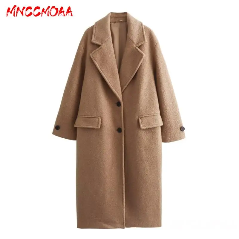 MNCCMOAA 2024 Autumn Winter Women Fashion Loose Button Pockets Woolen Coat Female Solid Color Casual Long Sleeve Tops Outerwears