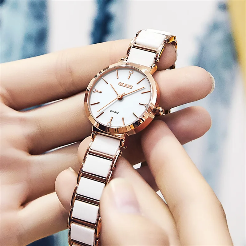 New OLEVS Top Brand White Ceramics Women's Quartz Watch Ladies Luxury Dress Fashion Rose Gold Women Watches reloj para mujer