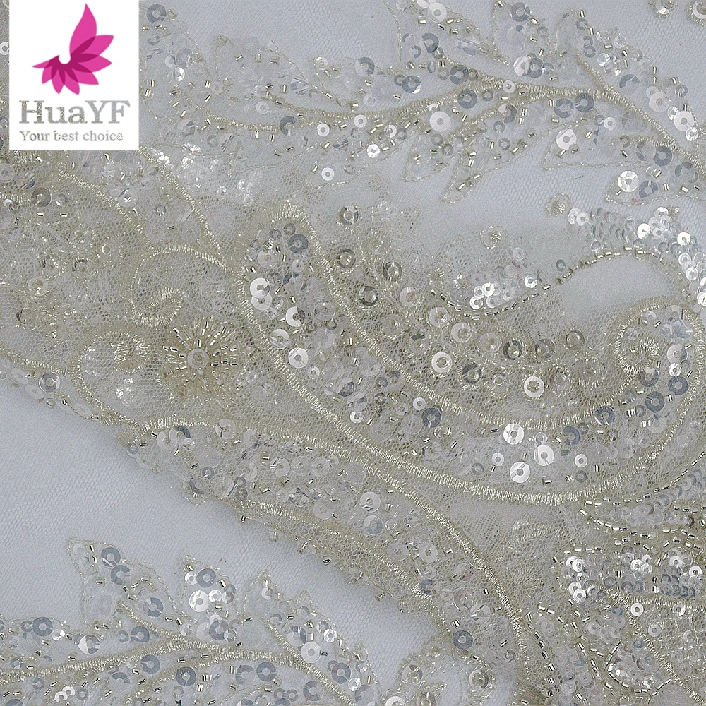 Luxury white French embroidered lace bridal lace fabric, European and American high-end bead tube sequin fashion we Sell By Yard