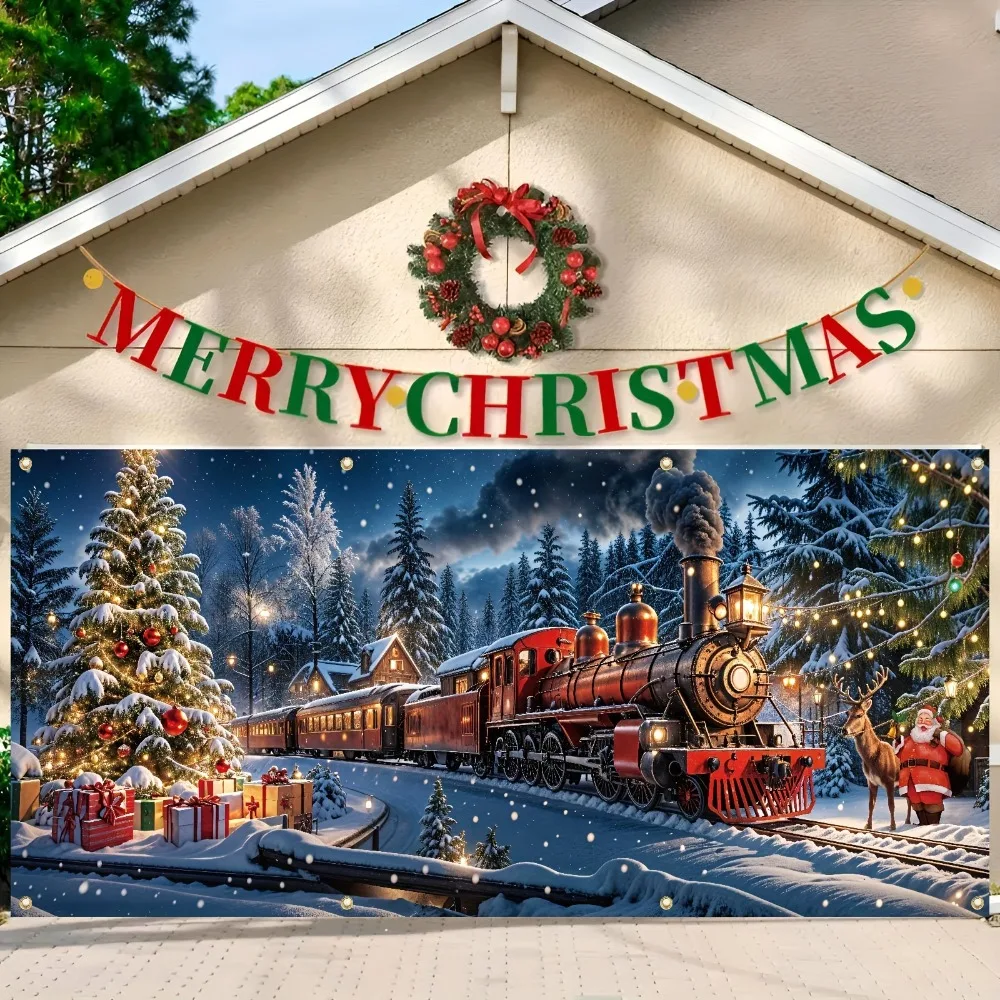 

1 Festive Christmas Train and Tree Garage Door Banner, Vibrant Holiday Scene, Christmas Decoration