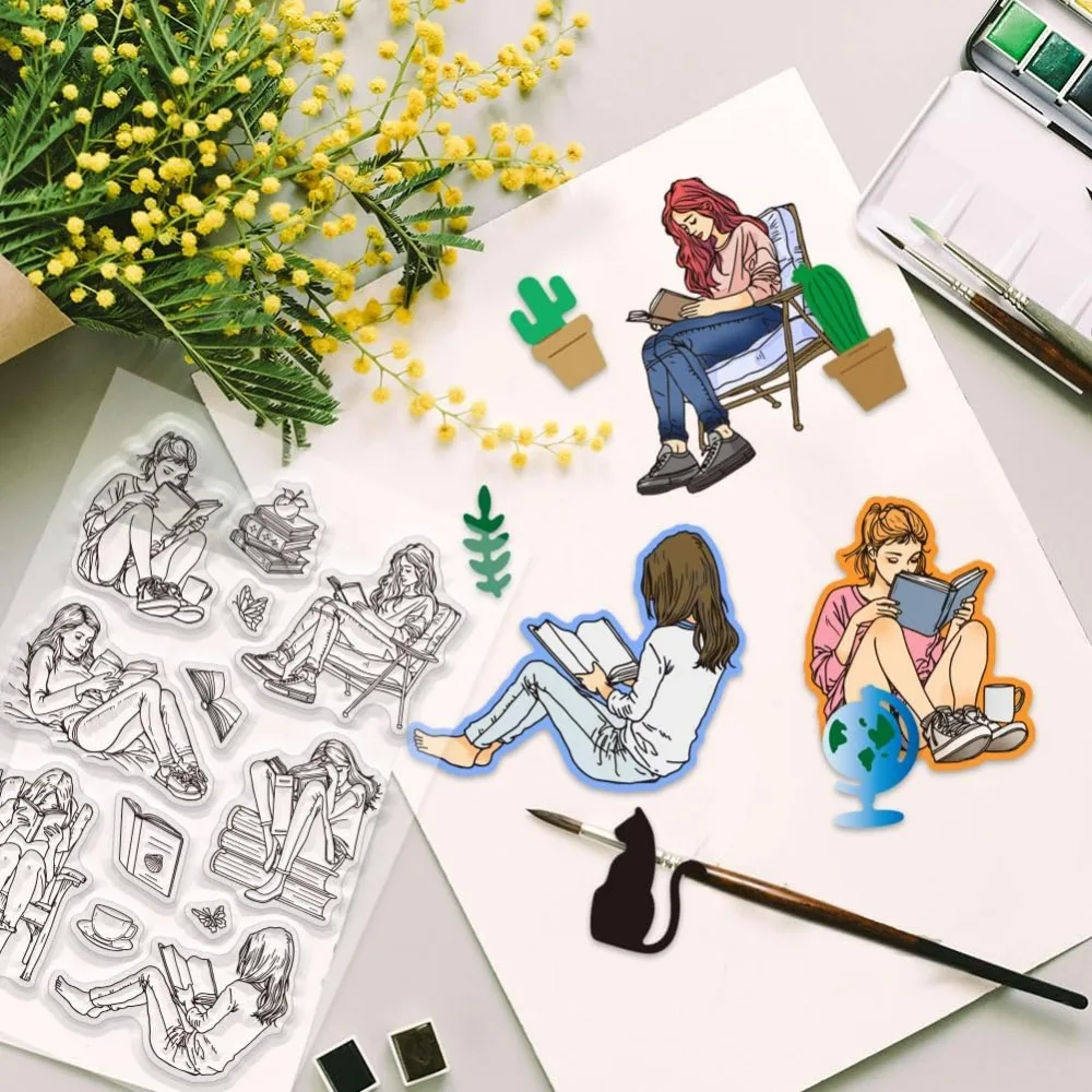 Lady and Books Clear Stamps Book Reading Silicone Clear Stamp Books Theme Transparent Stamps for DIY Scrapbooking and Cards