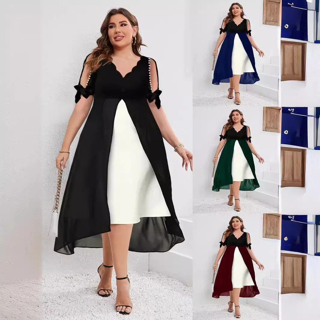 

2026 женское летнее искусственное платье из двух предметов, элегантное лоскутное платье нестандартной формы больших размеров, женское клубное платье миди с короткими рукавами