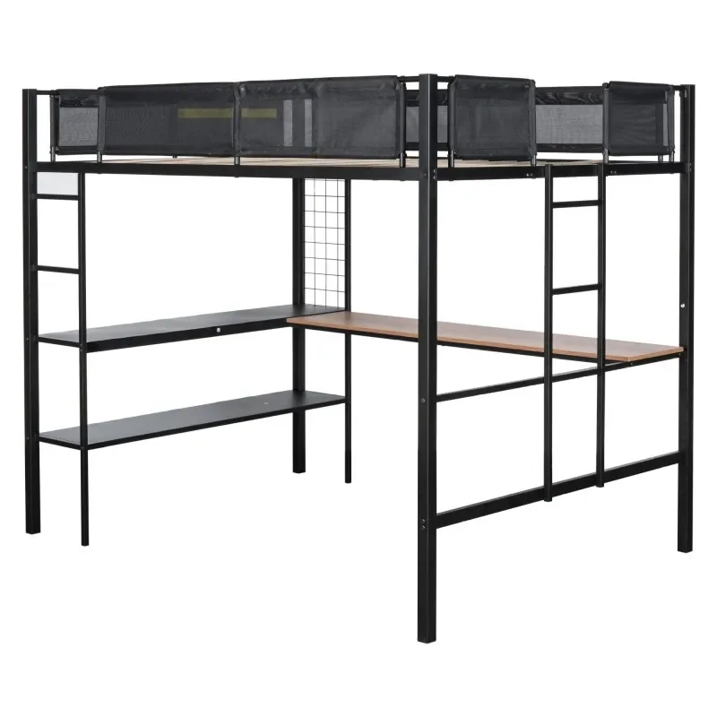 High Quality Metal Full Size Loft Bed with Desk & Shelves/ Sturdy Metal Bed Frame/ Noise-free Wood Slats/ Built-in Desk