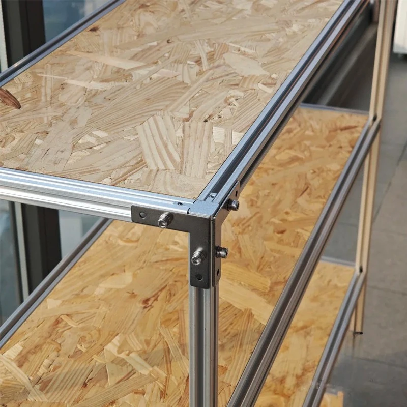 Prateleira europeia em placa de pinho com perfil de alumínio, estante móvel, prateleira