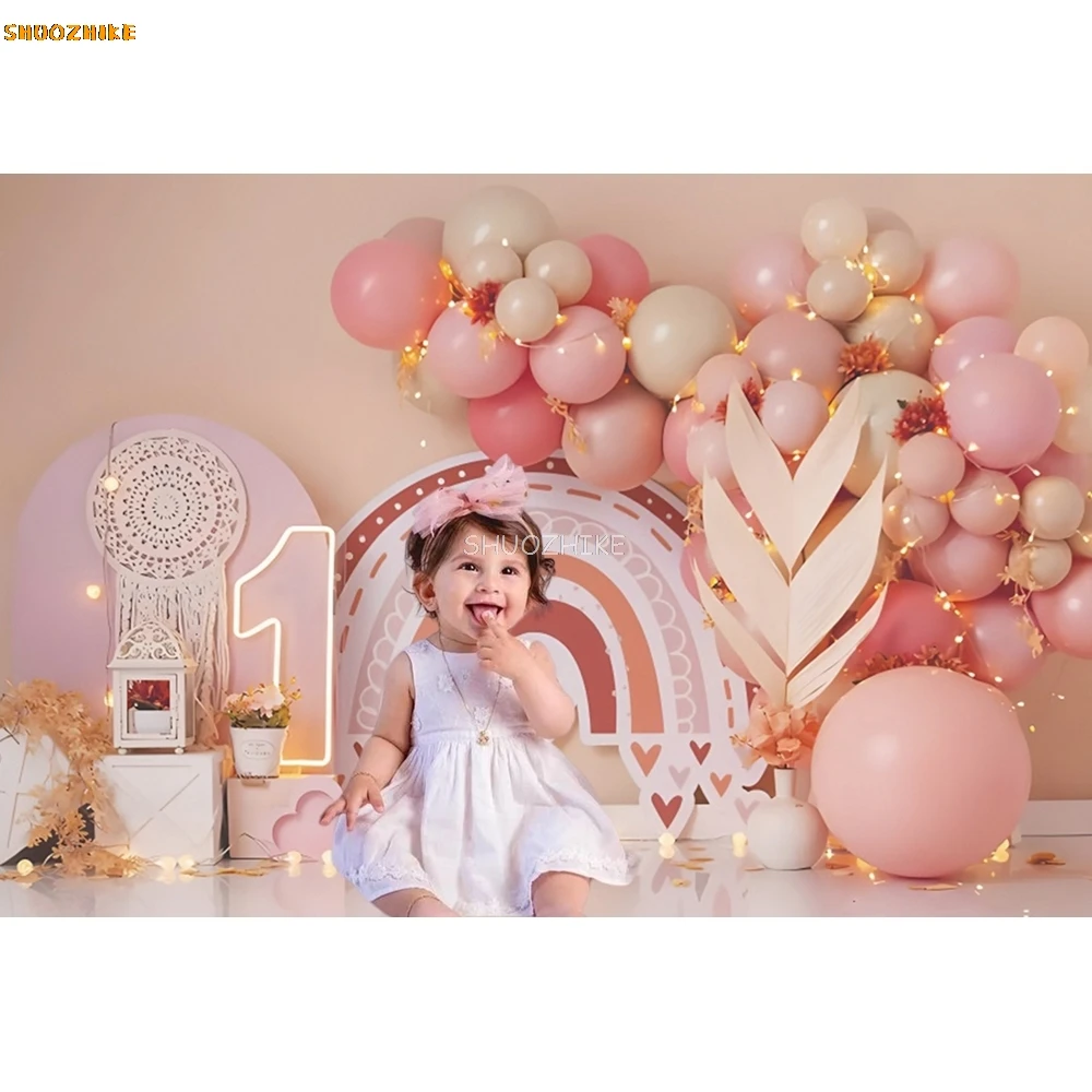 Baby Shower latar belakang ulang tahun pertama fotografi awan balon pesta dekorasi meja foto bayi fotografi kue latar belakang Smash