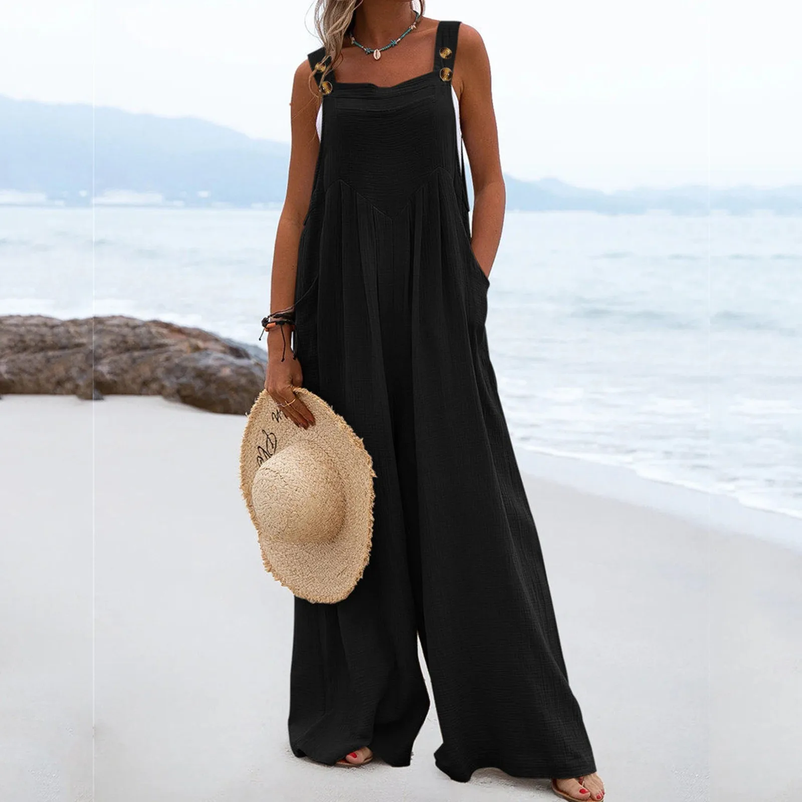 

New Women Jumpsuits Comfortable Wide Leg Romper With Buttons Casual Solid Color Playsuit Loose Long Summer Jumpsuits 2024