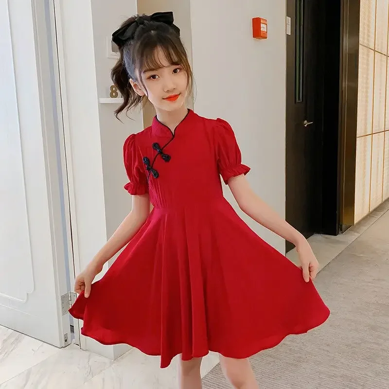 2024 zomer Kinderen Meisjes effen chinese rode Cheongsam Qipao Prinses Tiener Nieuwjaar Jurken Kleding 4 7 8 9 10 12 14 jaar