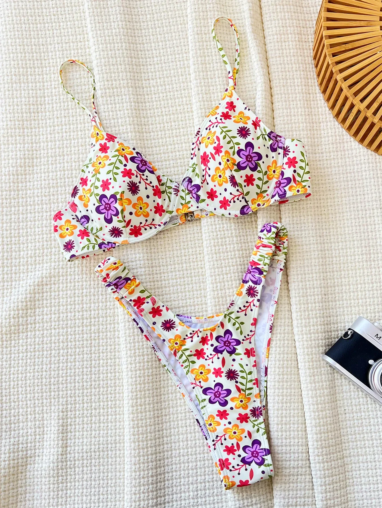 Maillot de bain deux pièces imprimé floral, sexy, push up, froissé, en v, ensemble, bikini, tankini