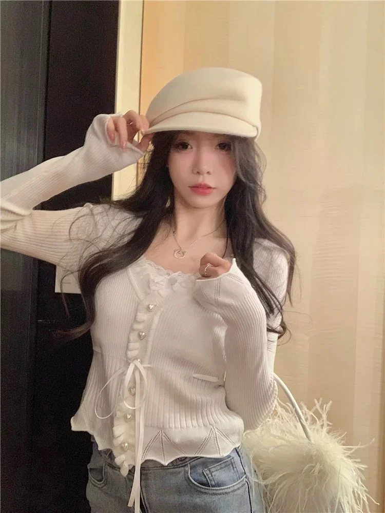 Sweet Fresh V-neck Lace Patchwork Tops Women Autumn Bandage Ruffles Sweaters Harajuku Slim Fit Long Sleeve Knitted Cardigan