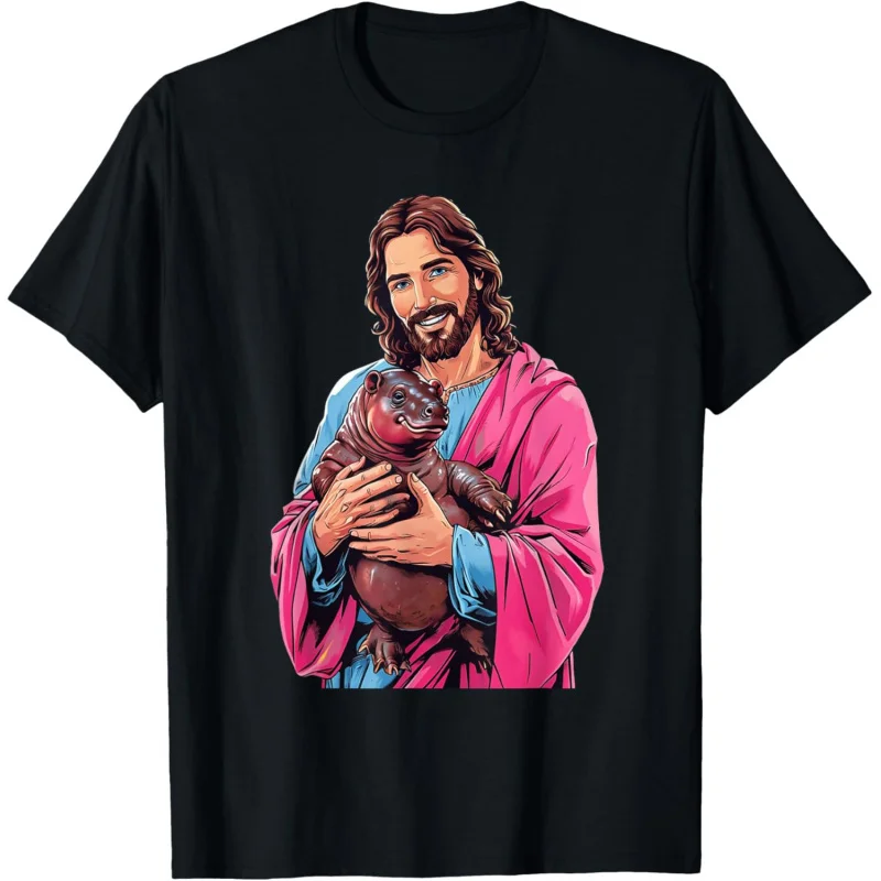 Sexy and cute baby hippootamus Jesus love Mu Deng elastic pattern printed T-shirt