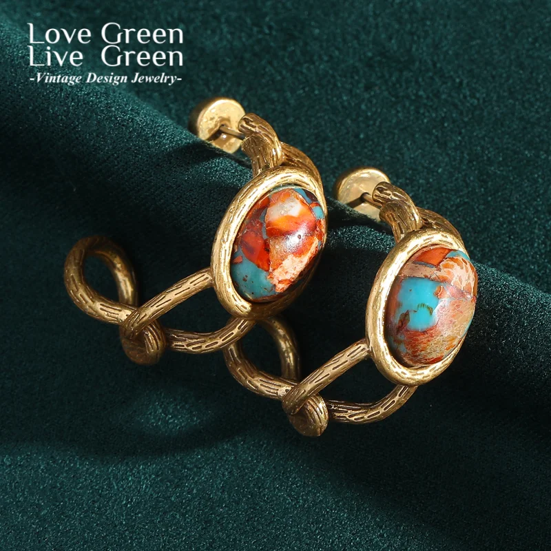 

Vintage Oval Natural Stone Stud Earrings Navigation Map Antique Gold Color For Woman Copper Wedding Accessories 2025 Trend New