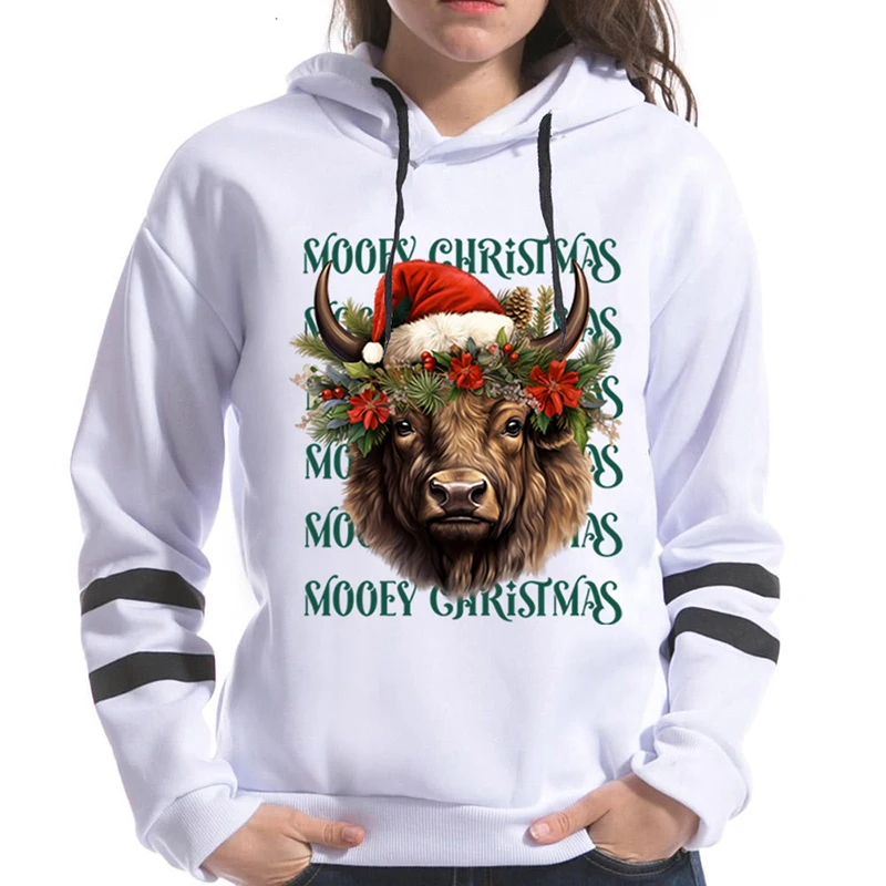 New Women Hooded Hoodies Cow Mooey Christmas Print Hoodies Fashion Pullover Cute Christmas Print Ladies Casual Hoodie Sweatshirt