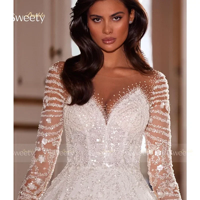 Luxurious Wedding Dress Embroidered Lace On Net With Sequins Ballgown O-Neck Full Sleeve Bride Button Robe De Mariee Customized