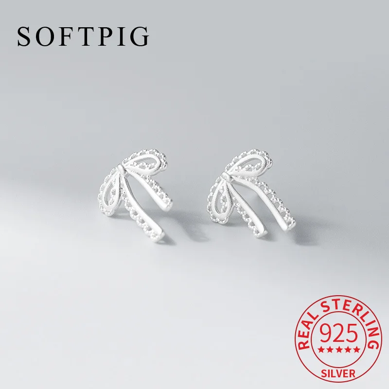 

SOFTPIG настоящее серебро 925 пробы, кружевные серьги-гвоздики с бантом для женщин, классические ювелирные изделия, минималистичный аксессуар