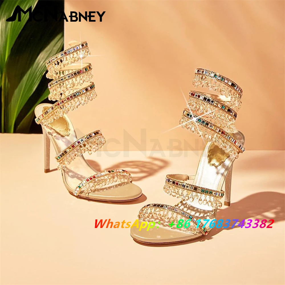 

Colorful Rhinestone Sandals Ankle Wrap Slip On High Heels Drop Gemstone Summer Shoes Round Toe Stiletto Large Size Women Sandals