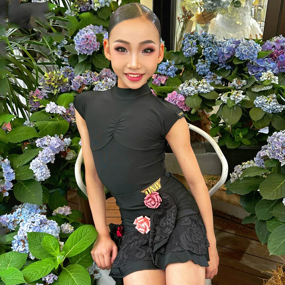 

Latin Dance Competition Suit Girls Black High Collar Bodysuit Ruffle Skirt Samba Rumba Dance Stage Wear Practice Clothes VDL547