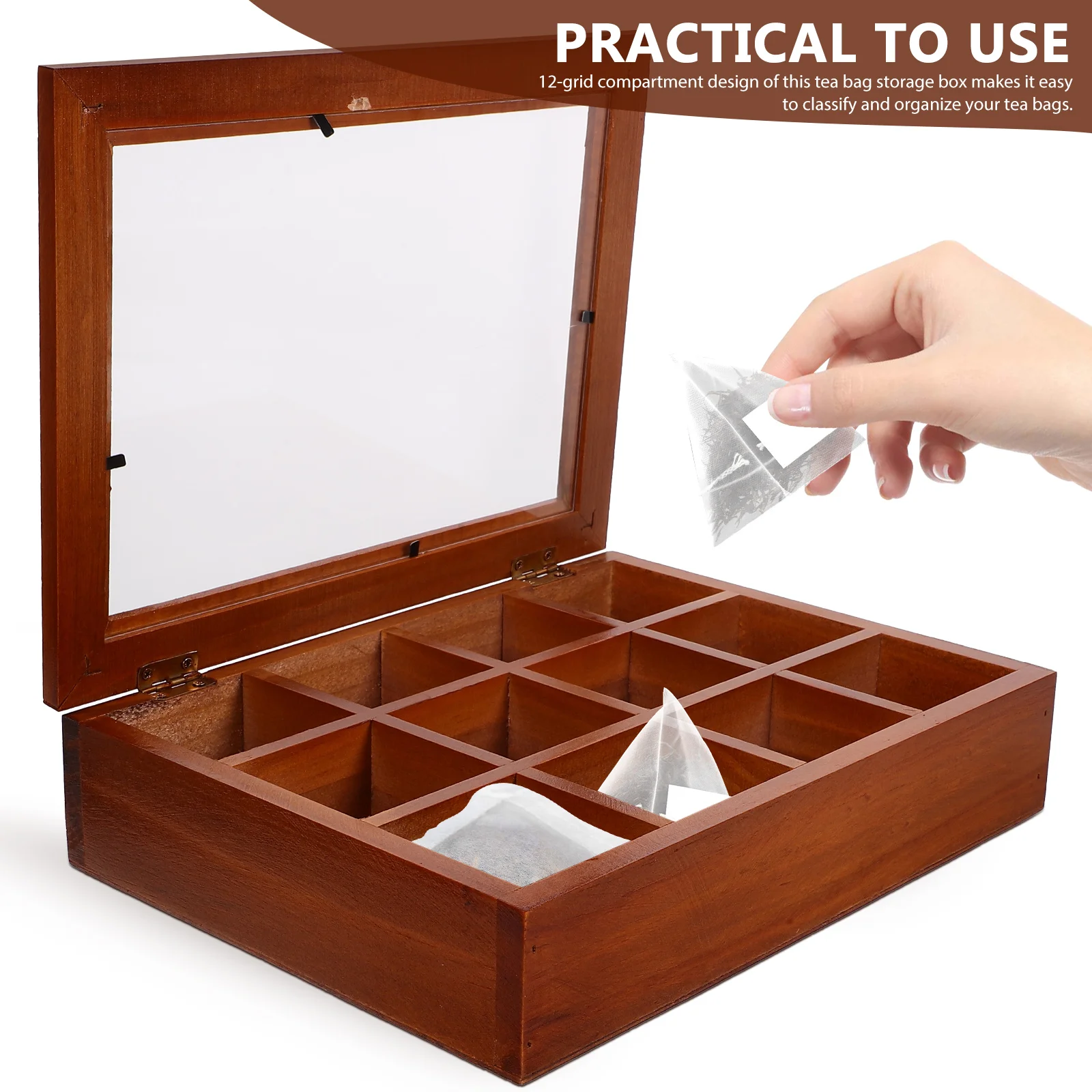 12-Compartment Tea Bag Storage Box Clear Acrylic Wood Organizer Coffee Bar Multi-Function Holder Tea Organiser Box view 4
