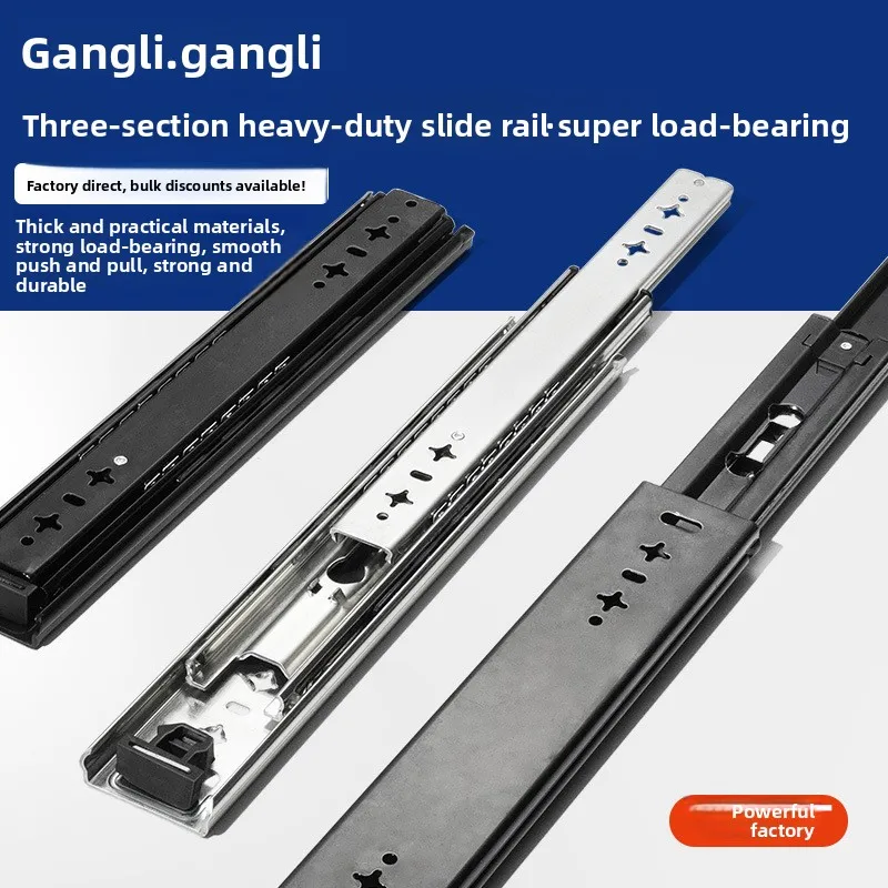 Cold Rolled Steel Heavy Duty Three Section Buffered Drawer Slides Electroplated Cabinet Rails In Black Or Silver From To Mm